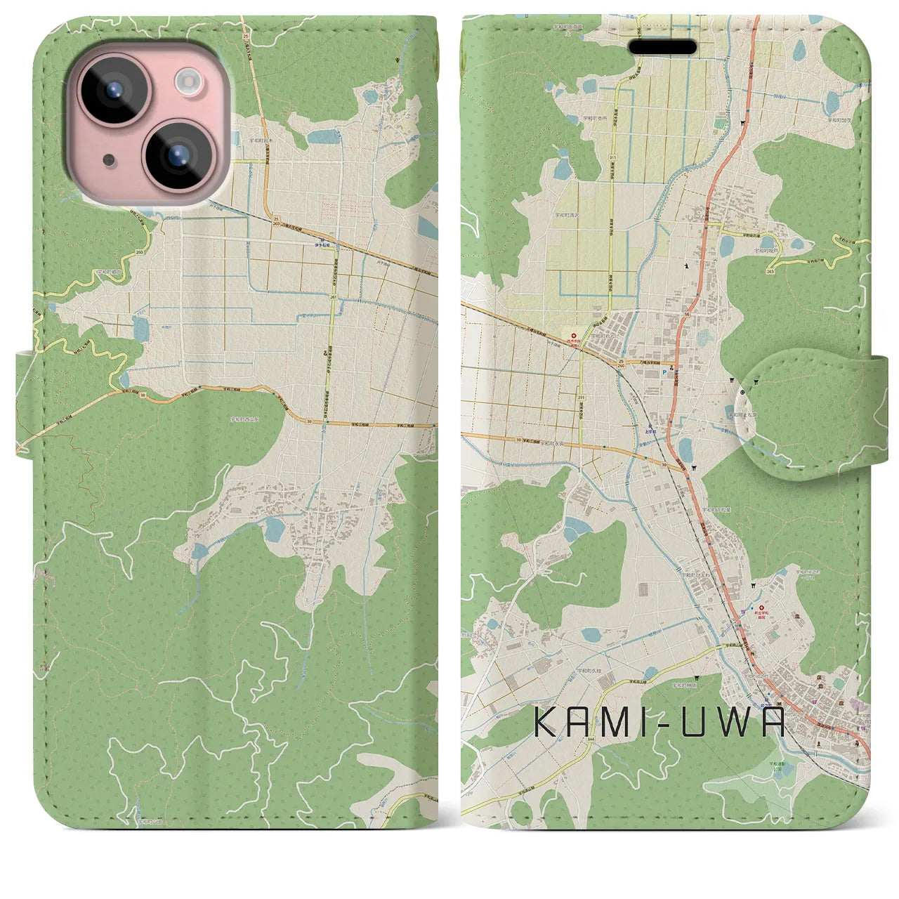 【上宇和(愛媛県)】地図柄iPhoneケース(手帳タイプ)ナチュラル・iPhone 15 Plus 用