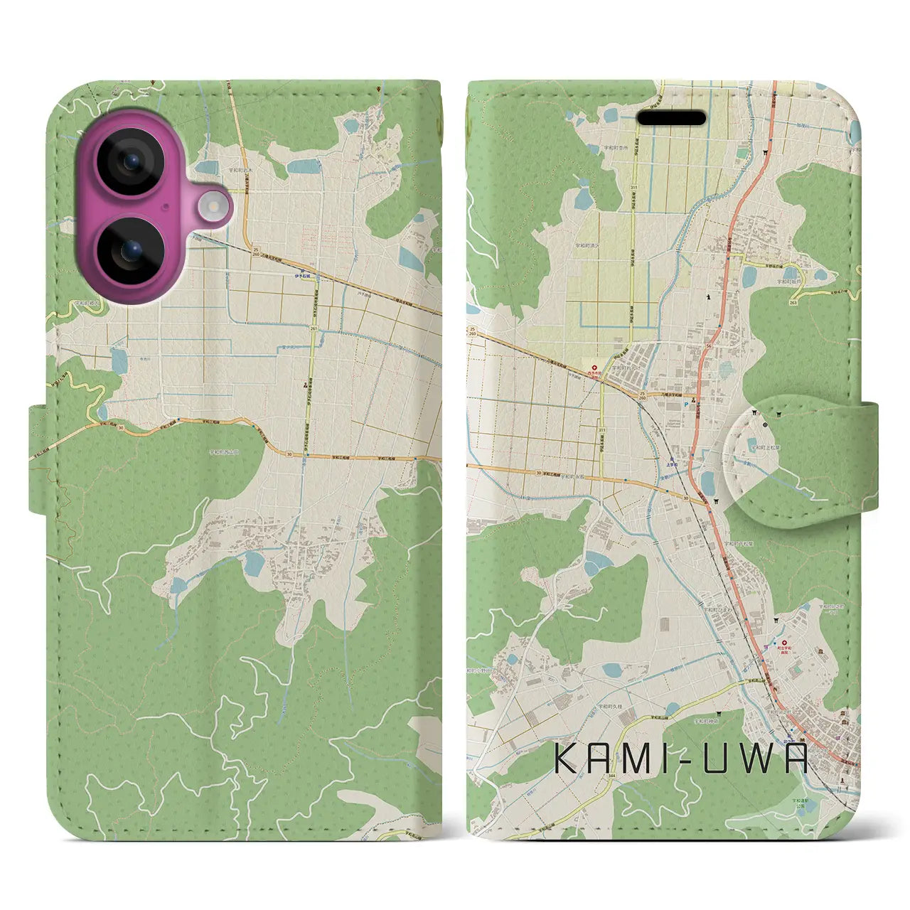 【上宇和(愛媛県)】地図柄iPhoneケース(手帳タイプ)ナチュラル・iPhone 16 Pro 用