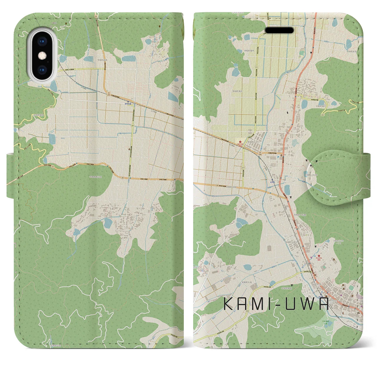 【上宇和(愛媛県)】地図柄iPhoneケース(手帳タイプ)ナチュラル・iPhone XS Max 用