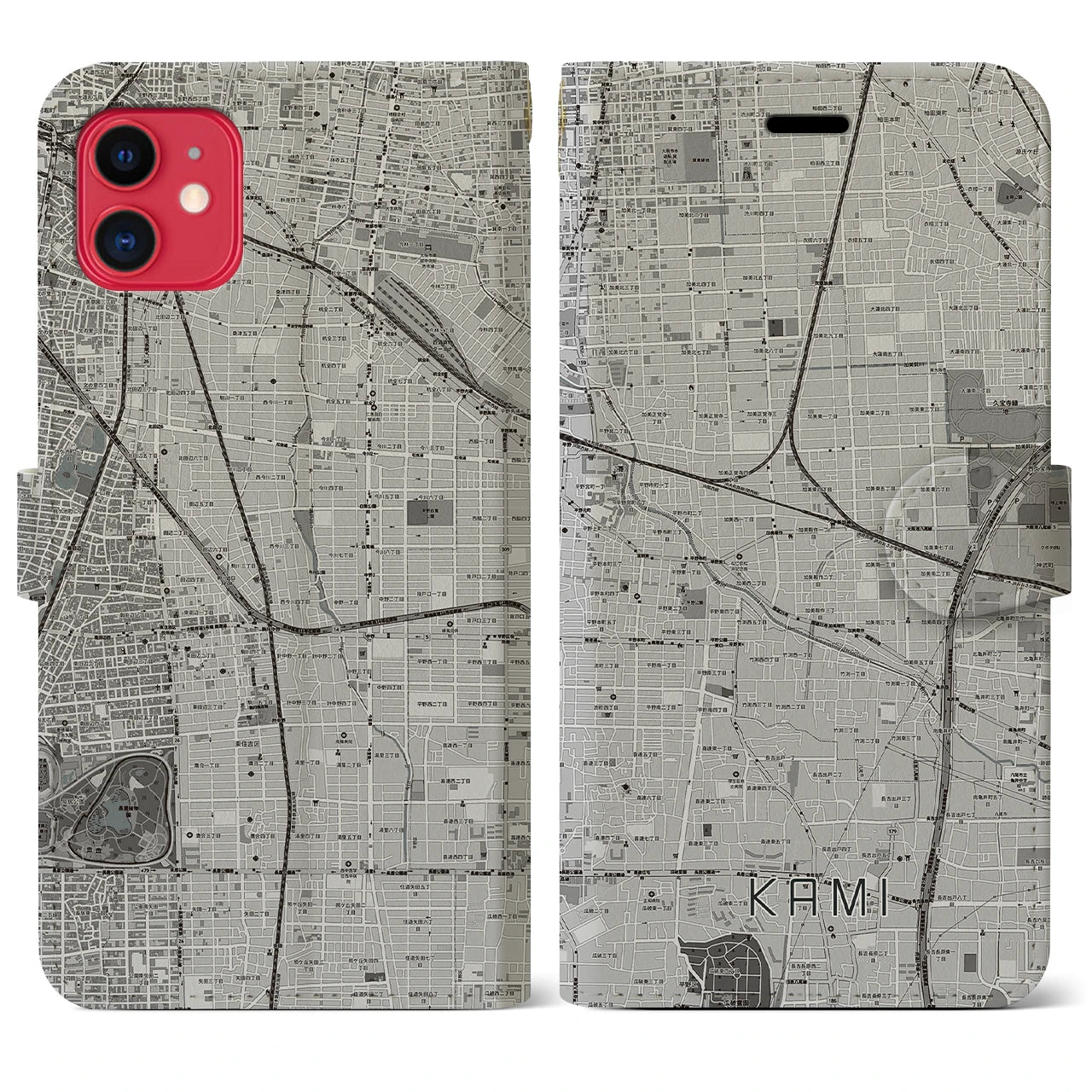 【加美(大阪府)】地図柄iPhoneケース(手帳タイプ)モノトーン・iPhone 11 用