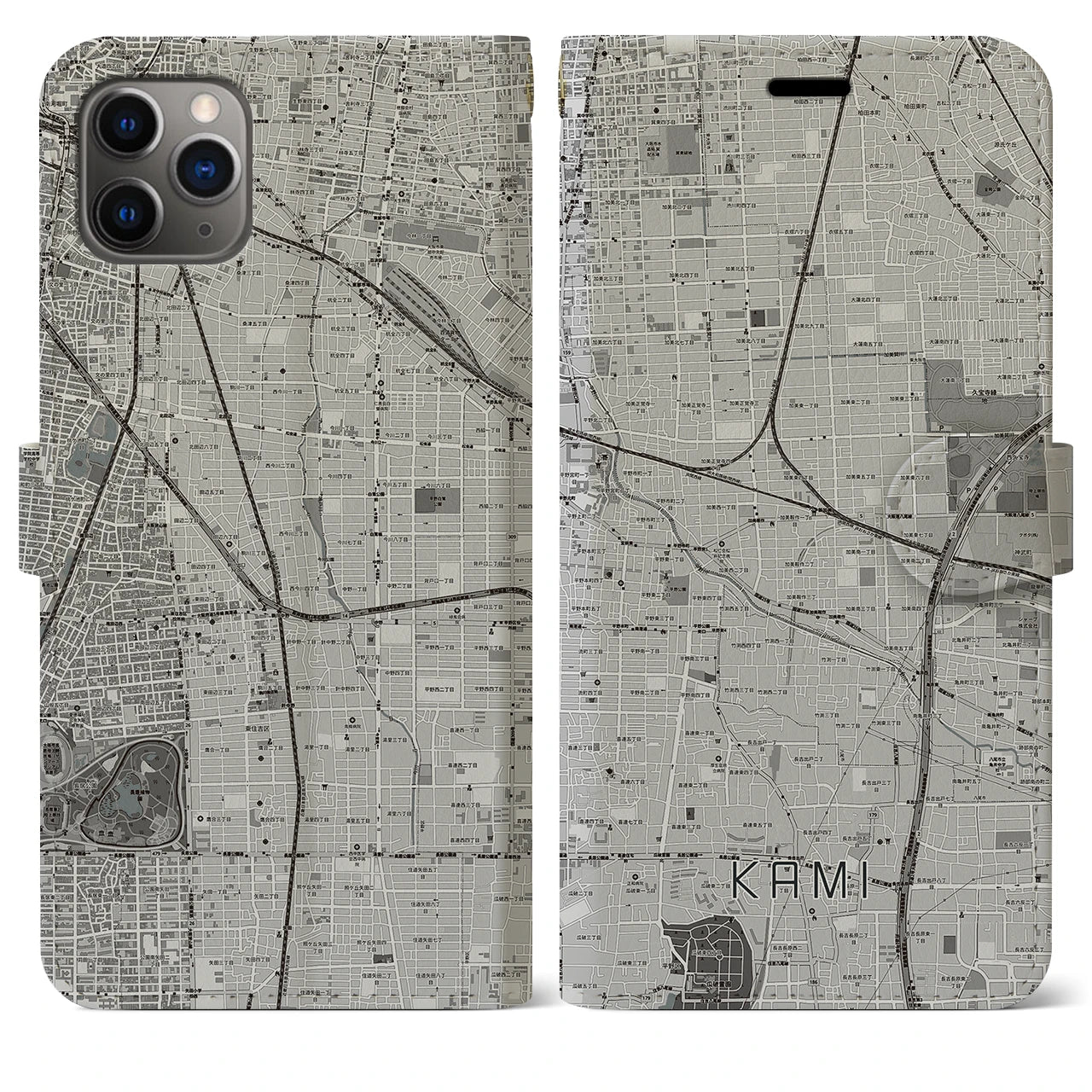 【加美(大阪府)】地図柄iPhoneケース(手帳タイプ)モノトーン・iPhone 11 Pro Max 用