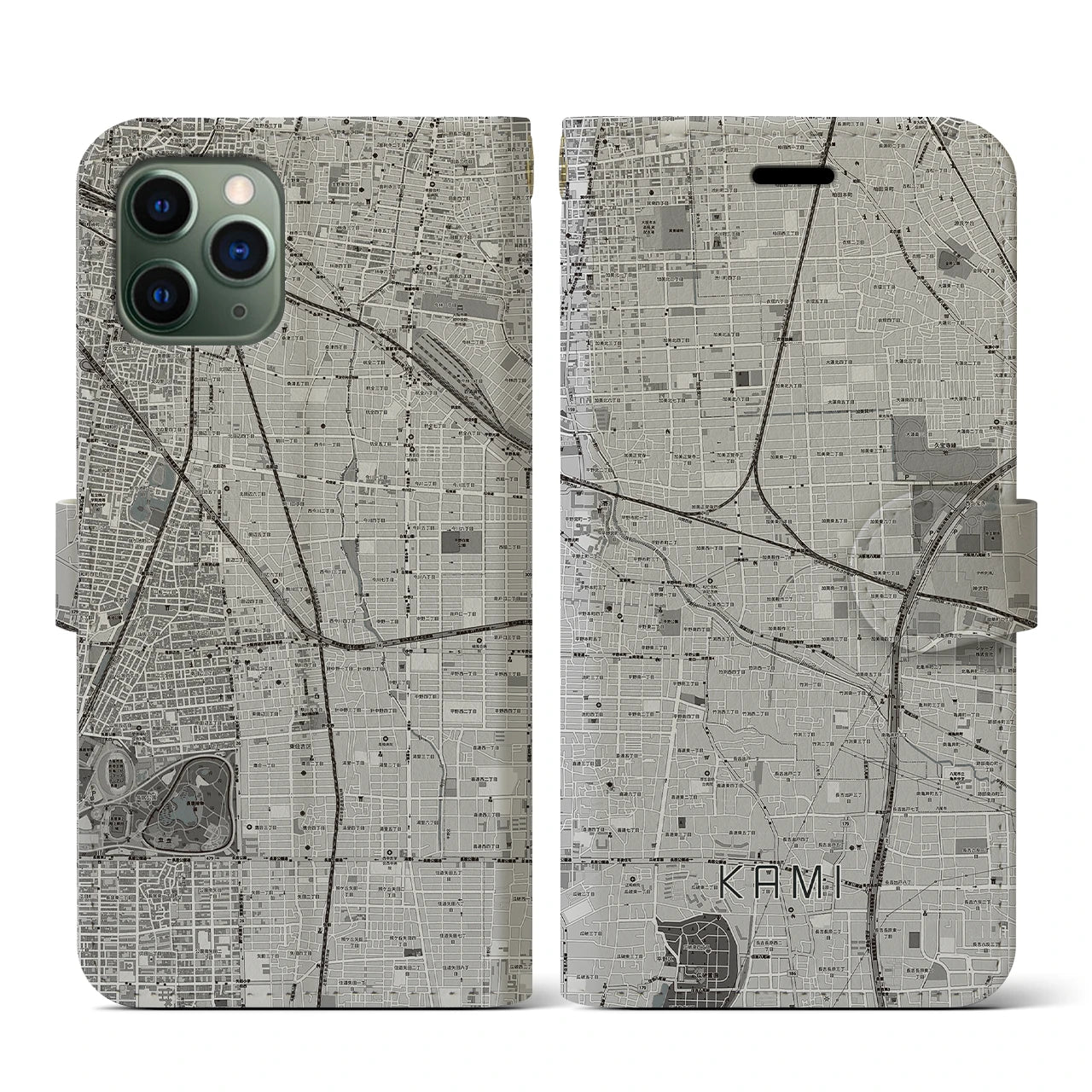 【加美(大阪府)】地図柄iPhoneケース(手帳タイプ)モノトーン・iPhone 11 Pro 用
