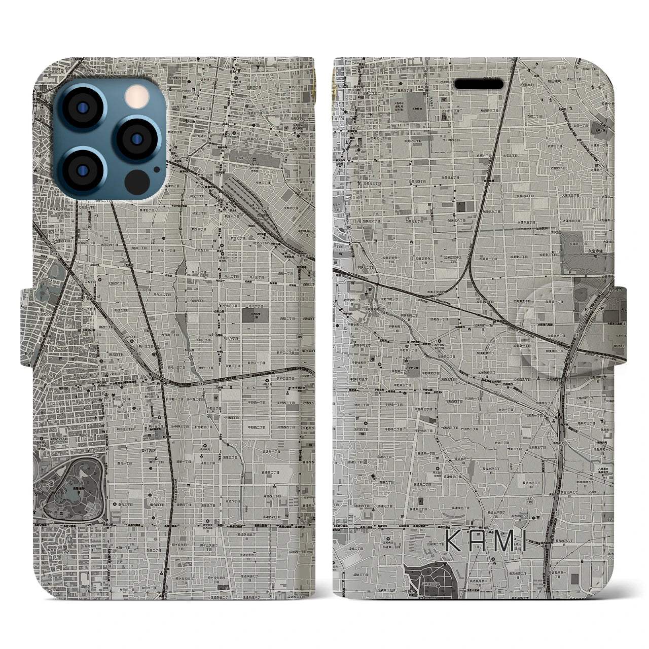 【加美(大阪府)】地図柄iPhoneケース(手帳タイプ)モノトーン・iPhone 12 / 12 Pro 用