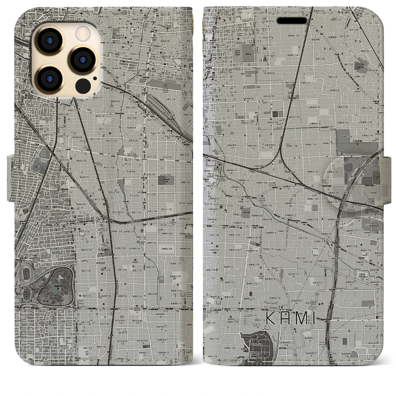 【加美(大阪府)】地図柄iPhoneケース(手帳タイプ)モノトーン・iPhone 12 Pro Max 用