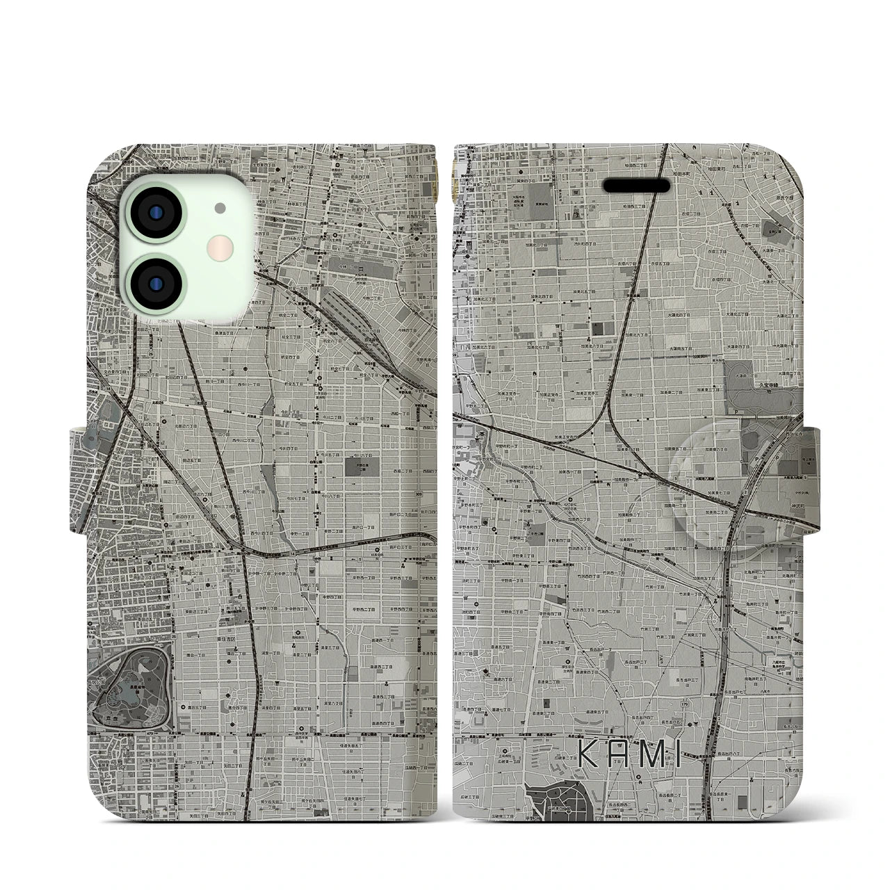 【加美(大阪府)】地図柄iPhoneケース(手帳タイプ)モノトーン・iPhone 12 mini 用