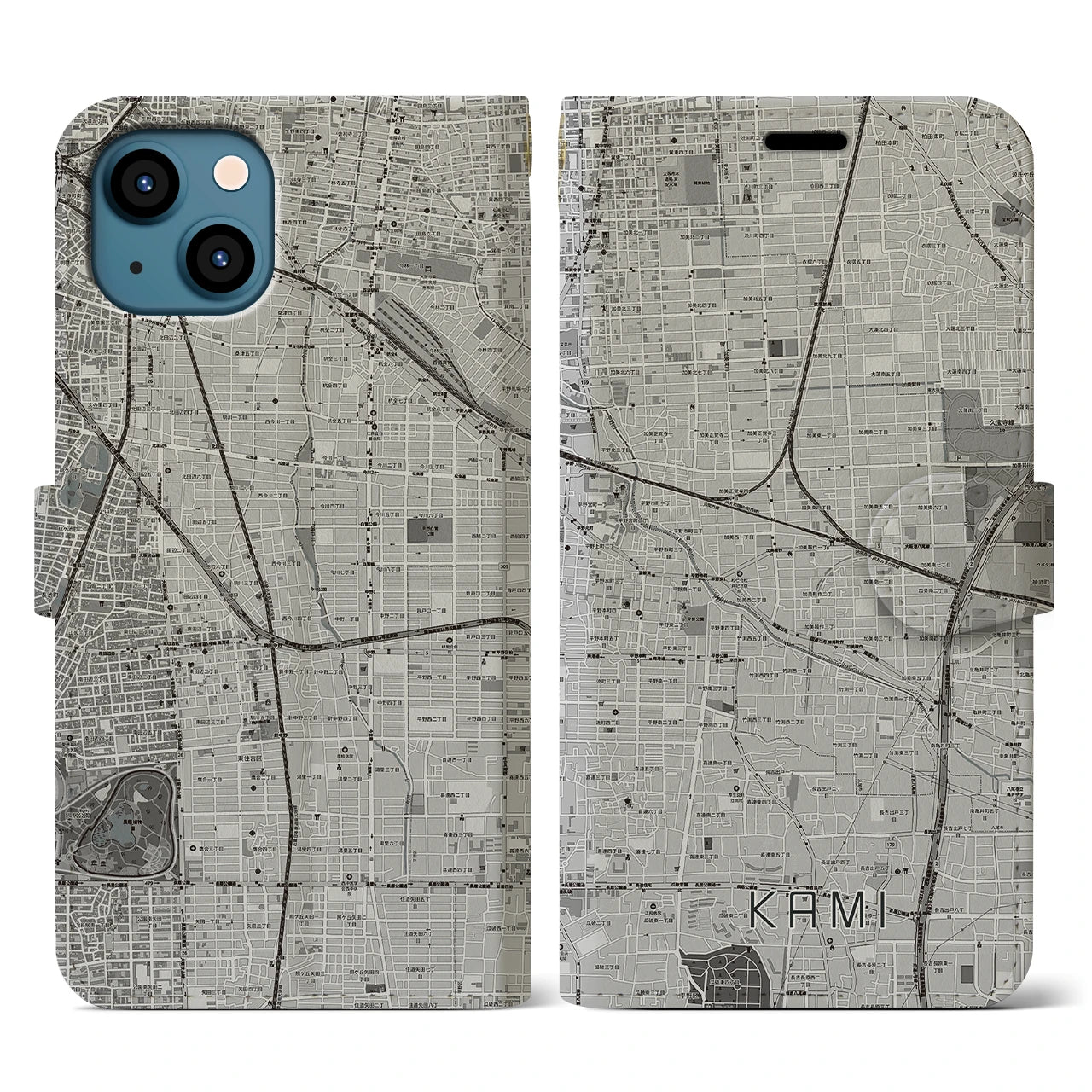 【加美(大阪府)】地図柄iPhoneケース(手帳タイプ)モノトーン・iPhone 13 用