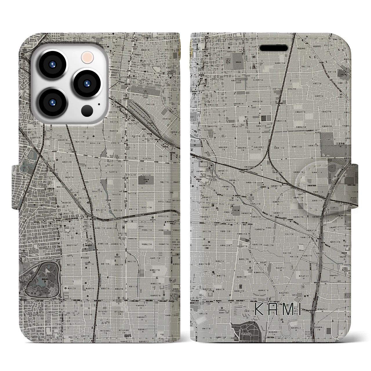 【加美(大阪府)】地図柄iPhoneケース(手帳タイプ)モノトーン・iPhone 13 Pro 用