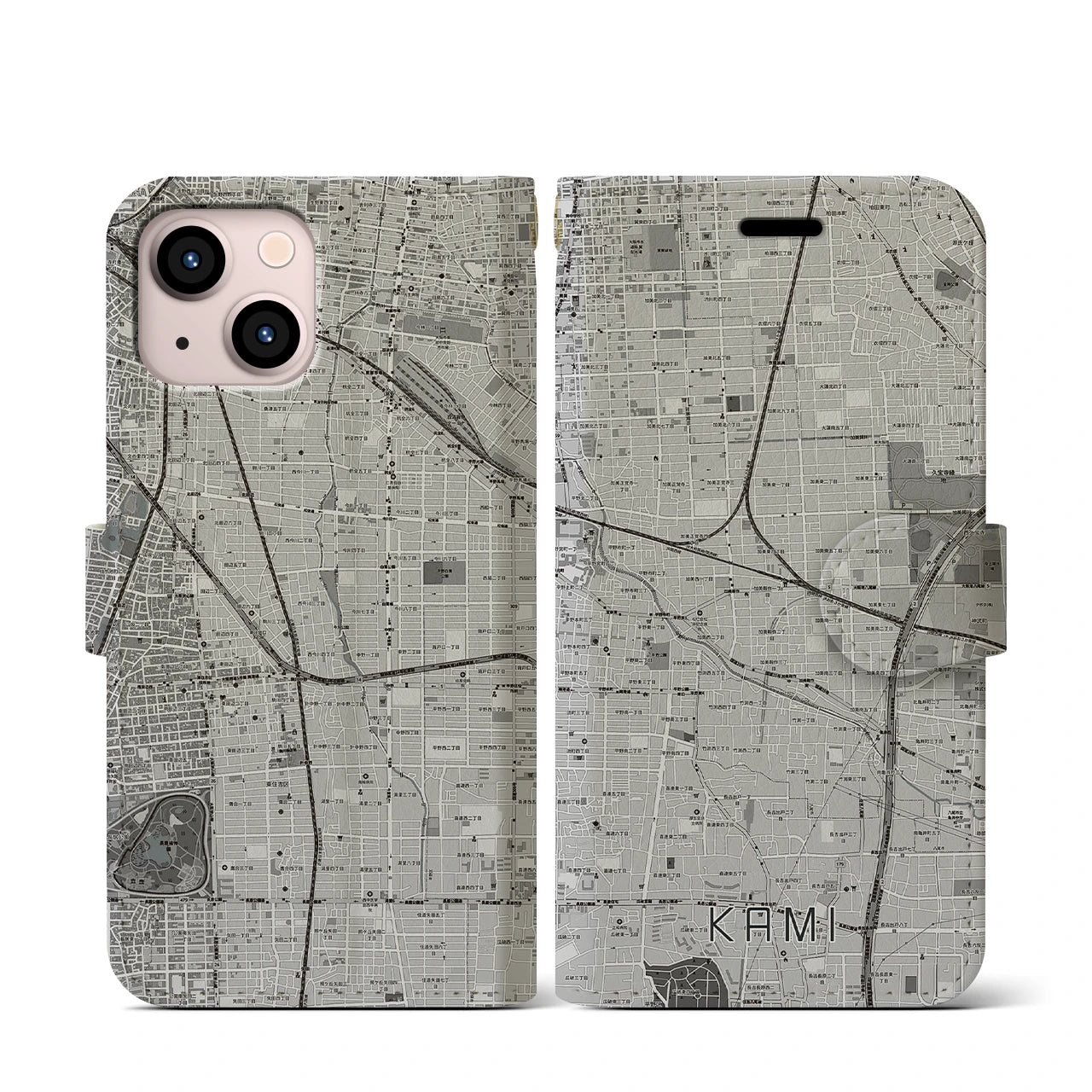 【加美(大阪府)】地図柄iPhoneケース(手帳タイプ)モノトーン・iPhone 13 mini 用