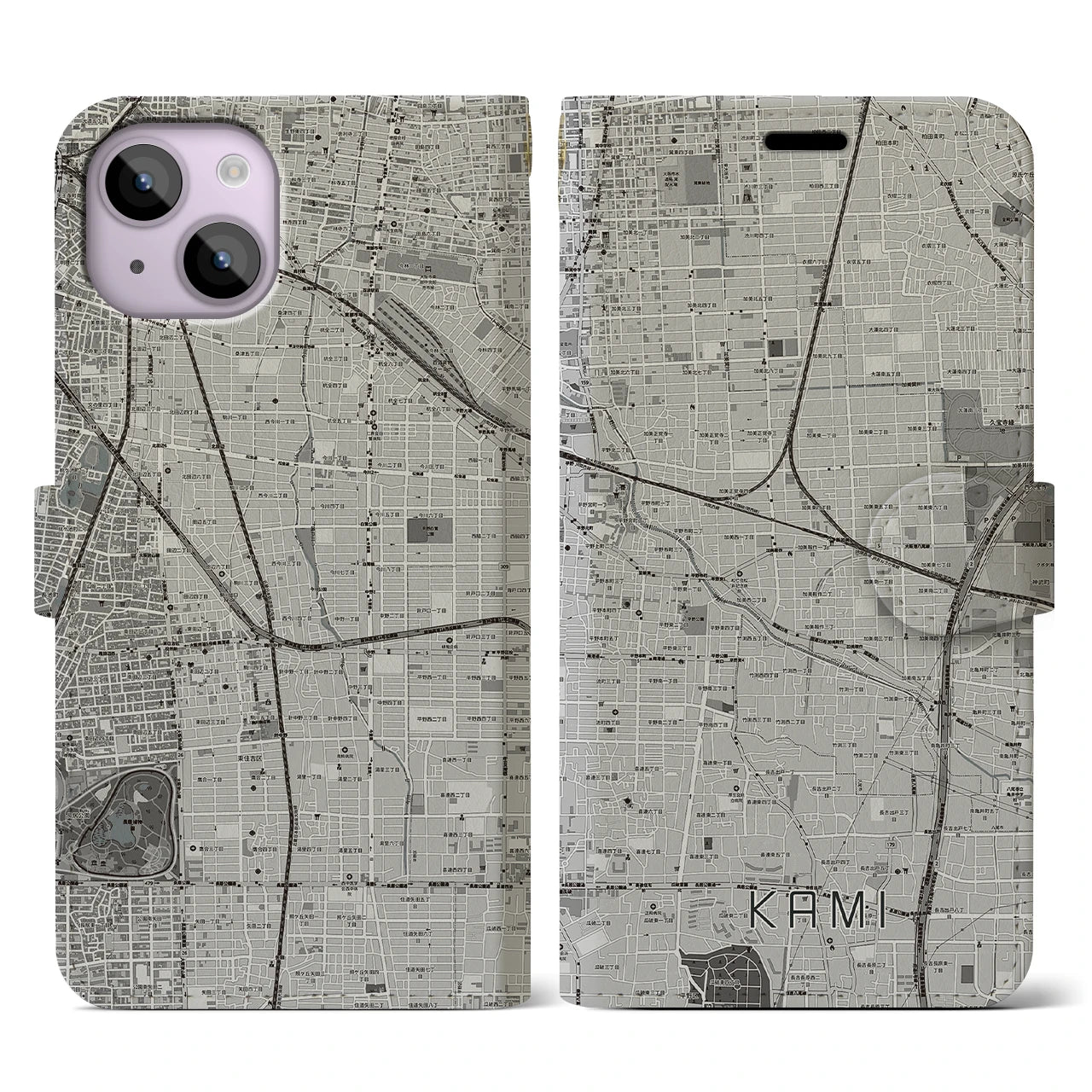 【加美(大阪府)】地図柄iPhoneケース(手帳タイプ)モノトーン・iPhone 14 用