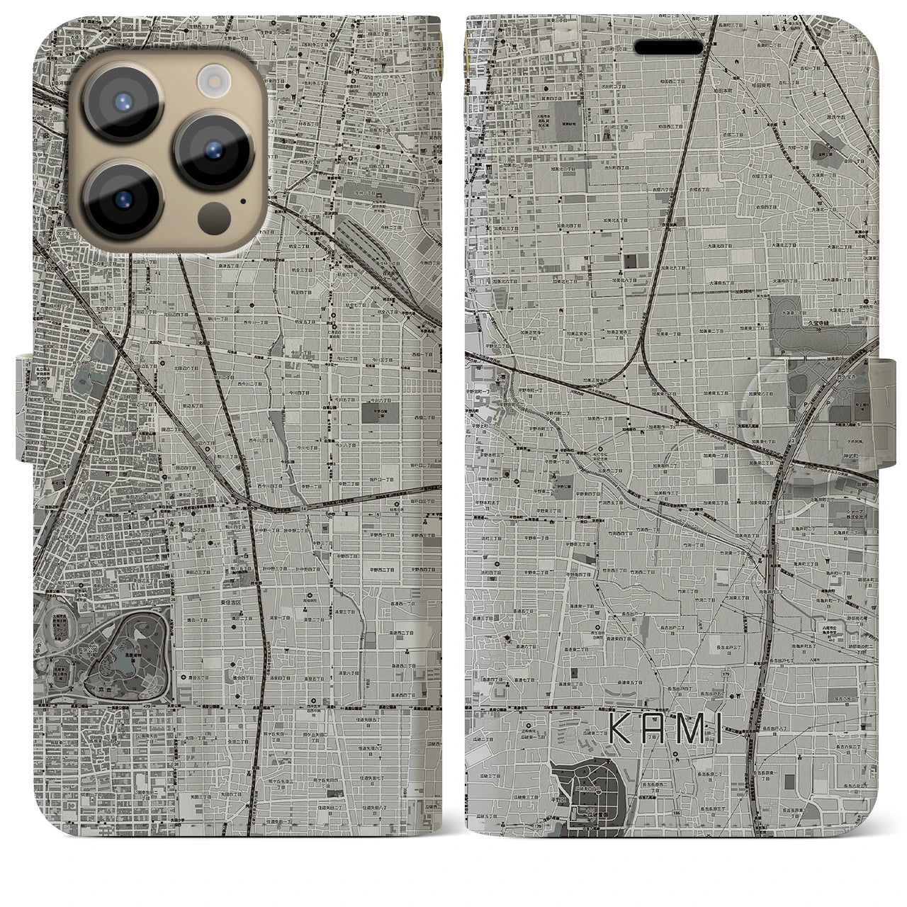【加美(大阪府)】地図柄iPhoneケース(手帳タイプ)モノトーン・iPhone 14 Pro Max 用