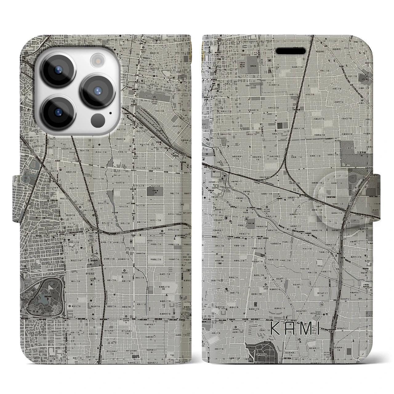 【加美(大阪府)】地図柄iPhoneケース(手帳タイプ)モノトーン・iPhone 14 Pro 用