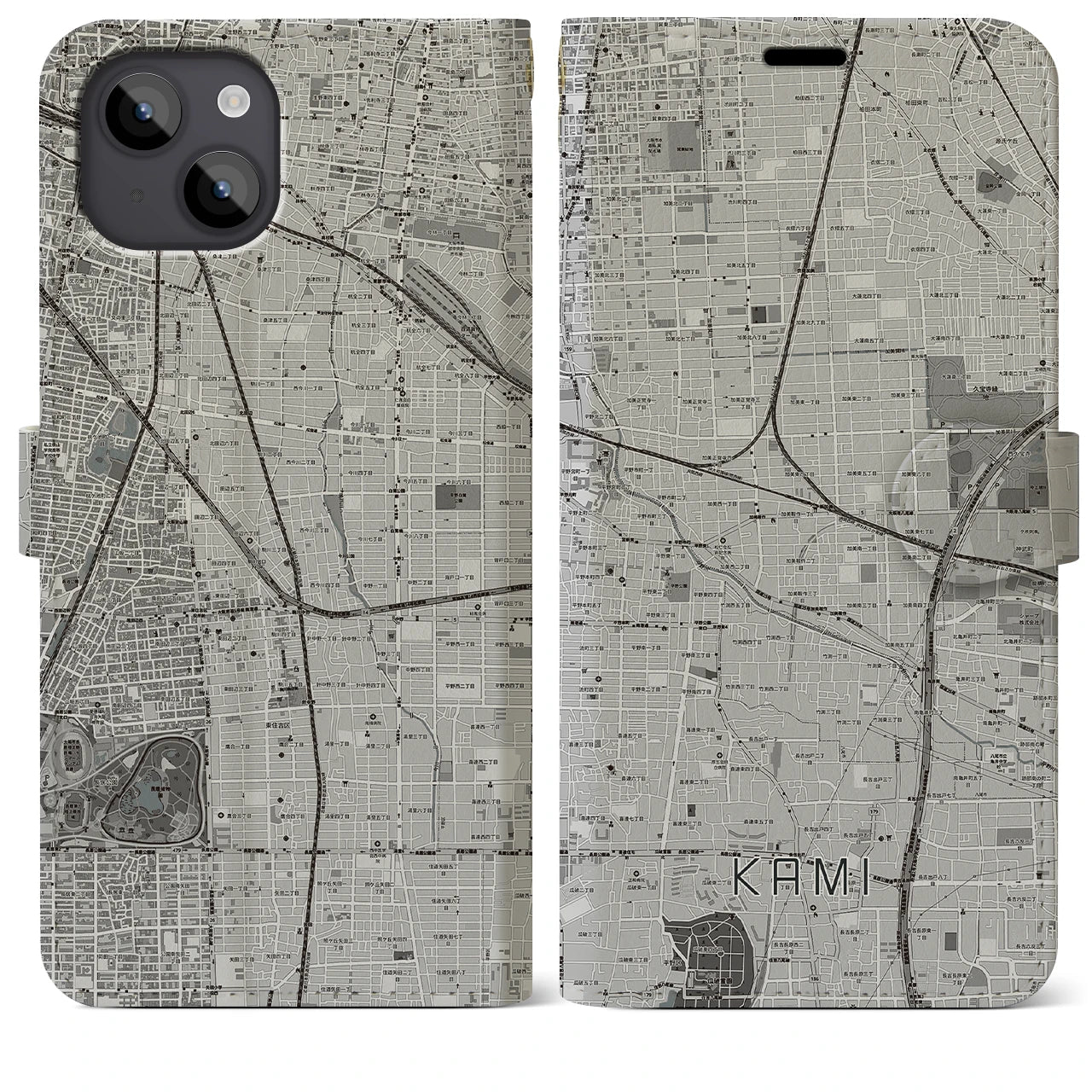 【加美(大阪府)】地図柄iPhoneケース(手帳タイプ)モノトーン・iPhone 14 Plus 用