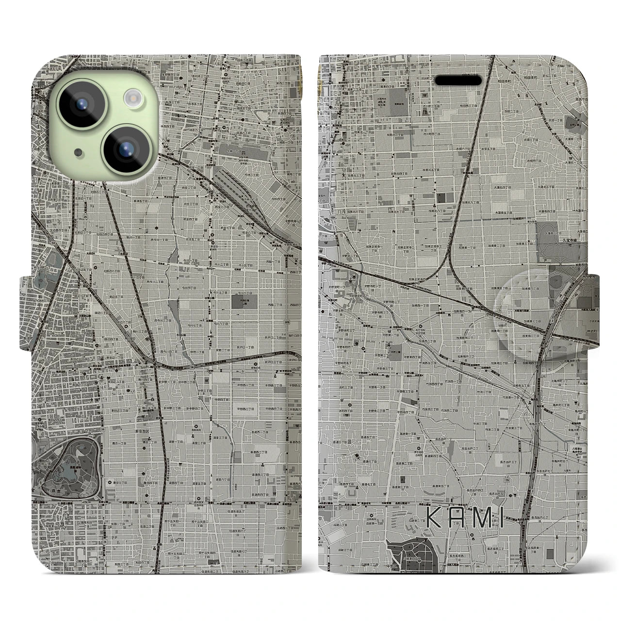 【加美(大阪府)】地図柄iPhoneケース(手帳タイプ)モノトーン・iPhone 15 用