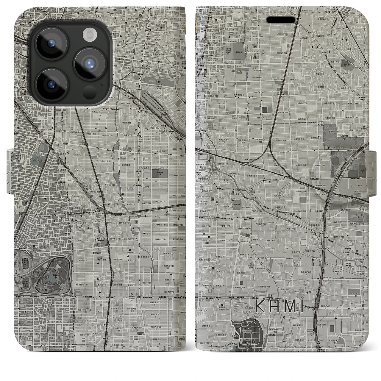 【加美(大阪府)】地図柄iPhoneケース(手帳タイプ)モノトーン・iPhone 15 Pro Max 用