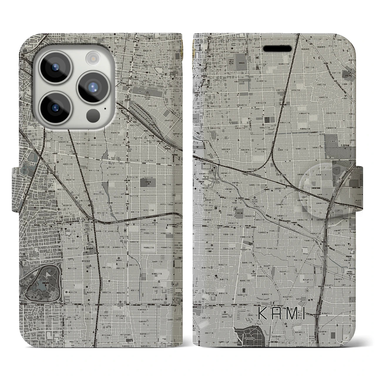 【加美(大阪府)】地図柄iPhoneケース(手帳タイプ)モノトーン・iPhone 15 Pro 用