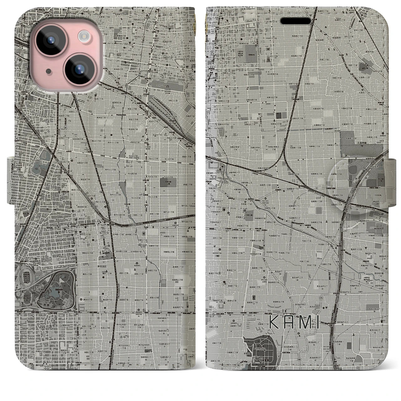 【加美(大阪府)】地図柄iPhoneケース(手帳タイプ)モノトーン・iPhone 15 Plus 用