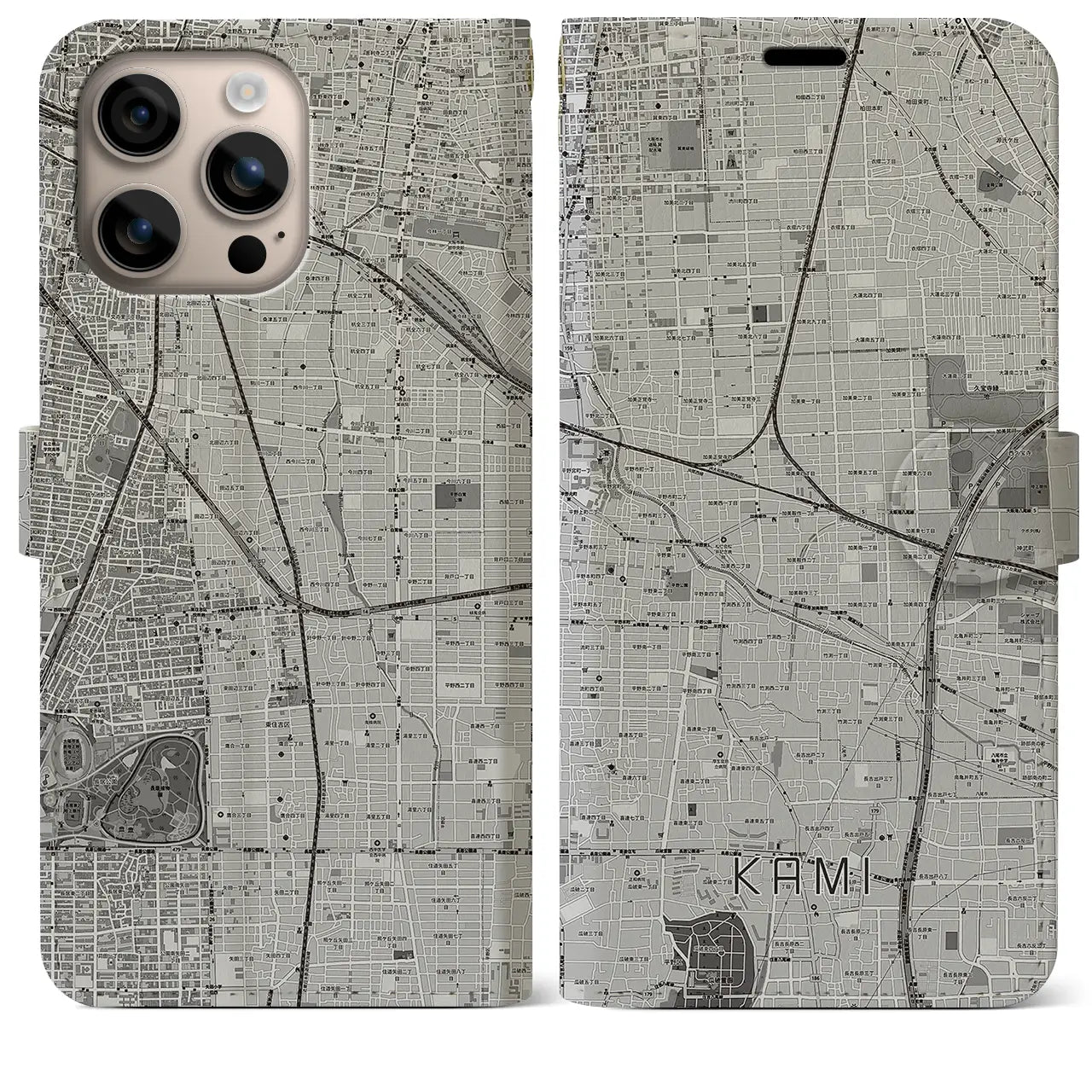 【加美(大阪府)】地図柄iPhoneケース(手帳タイプ)モノトーン・iPhone 16 Plus 用