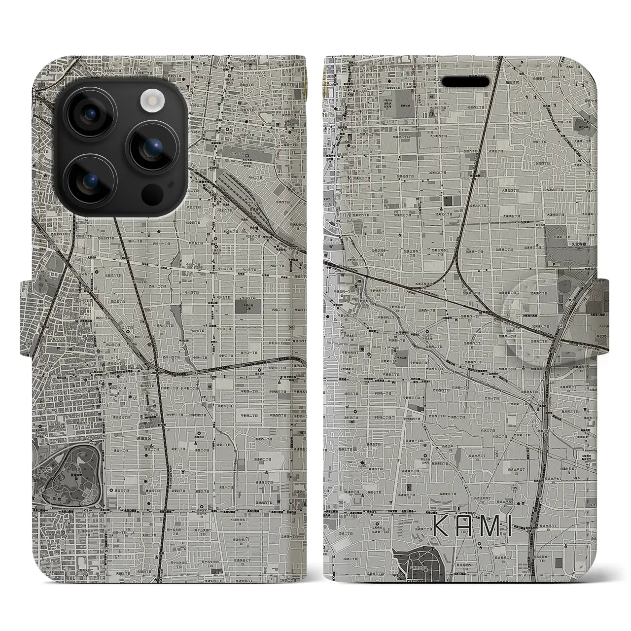 【加美(大阪府)】地図柄iPhoneケース(手帳タイプ)モノトーン・iPhone 16 用