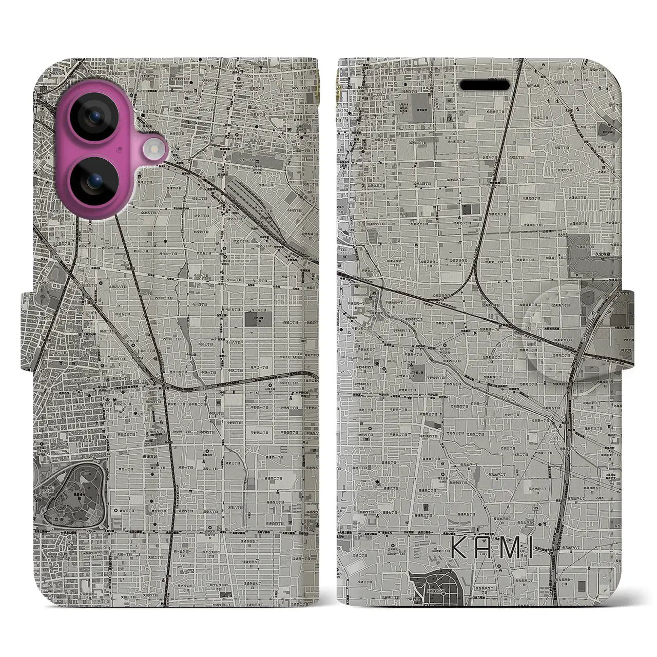 【加美(大阪府)】地図柄iPhoneケース(手帳タイプ)モノトーン・iPhone 16 Pro 用