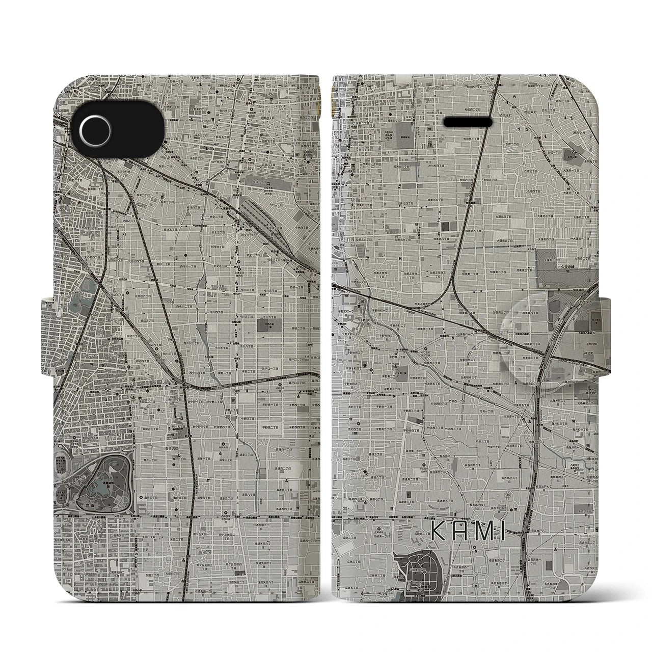【加美(大阪府)】地図柄iPhoneケース(手帳タイプ)モノトーン・iPhone SE(第3 / 第2世代) / 8 / 7 / 6s / 6 用