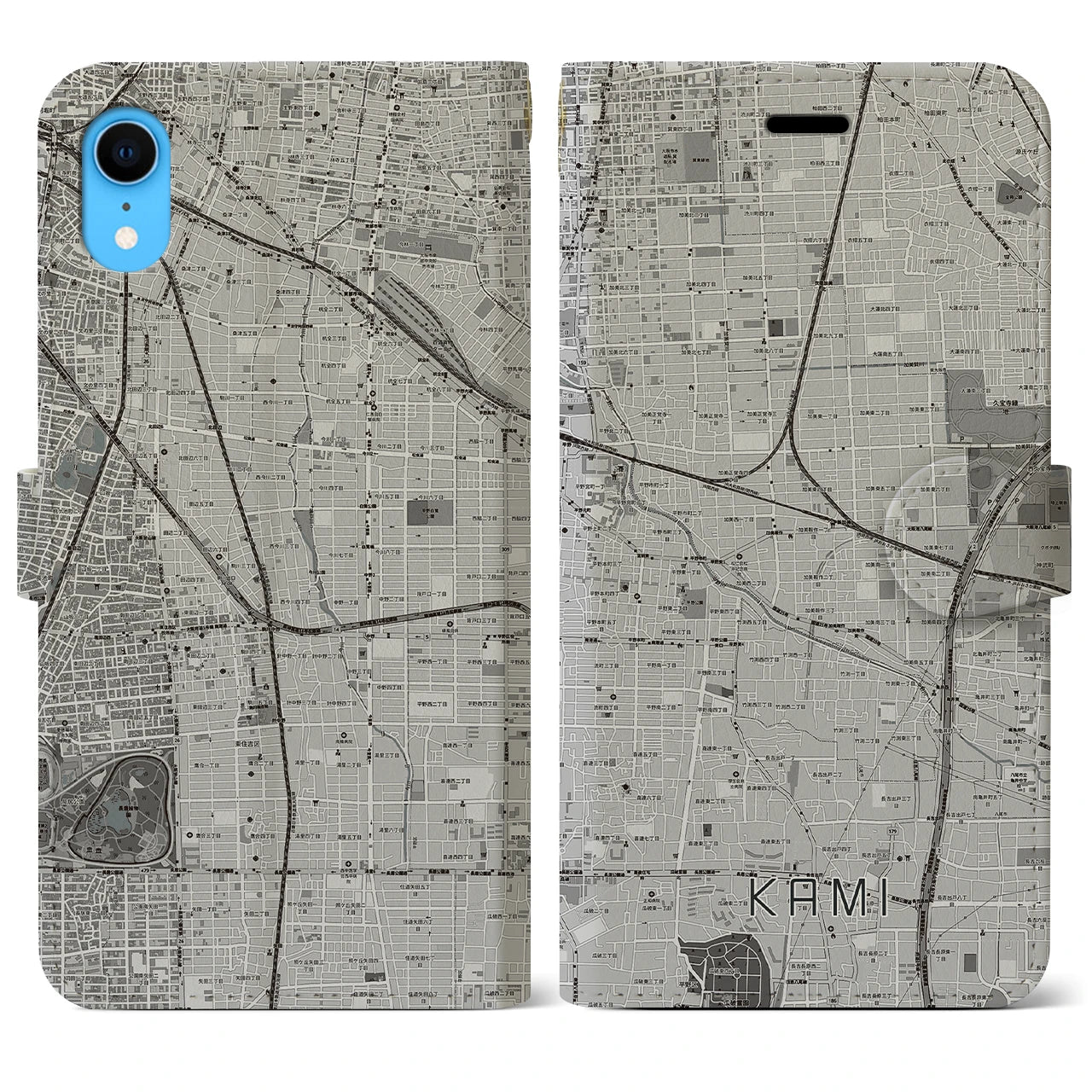【加美(大阪府)】地図柄iPhoneケース(手帳タイプ)モノトーン・iPhone XR 用
