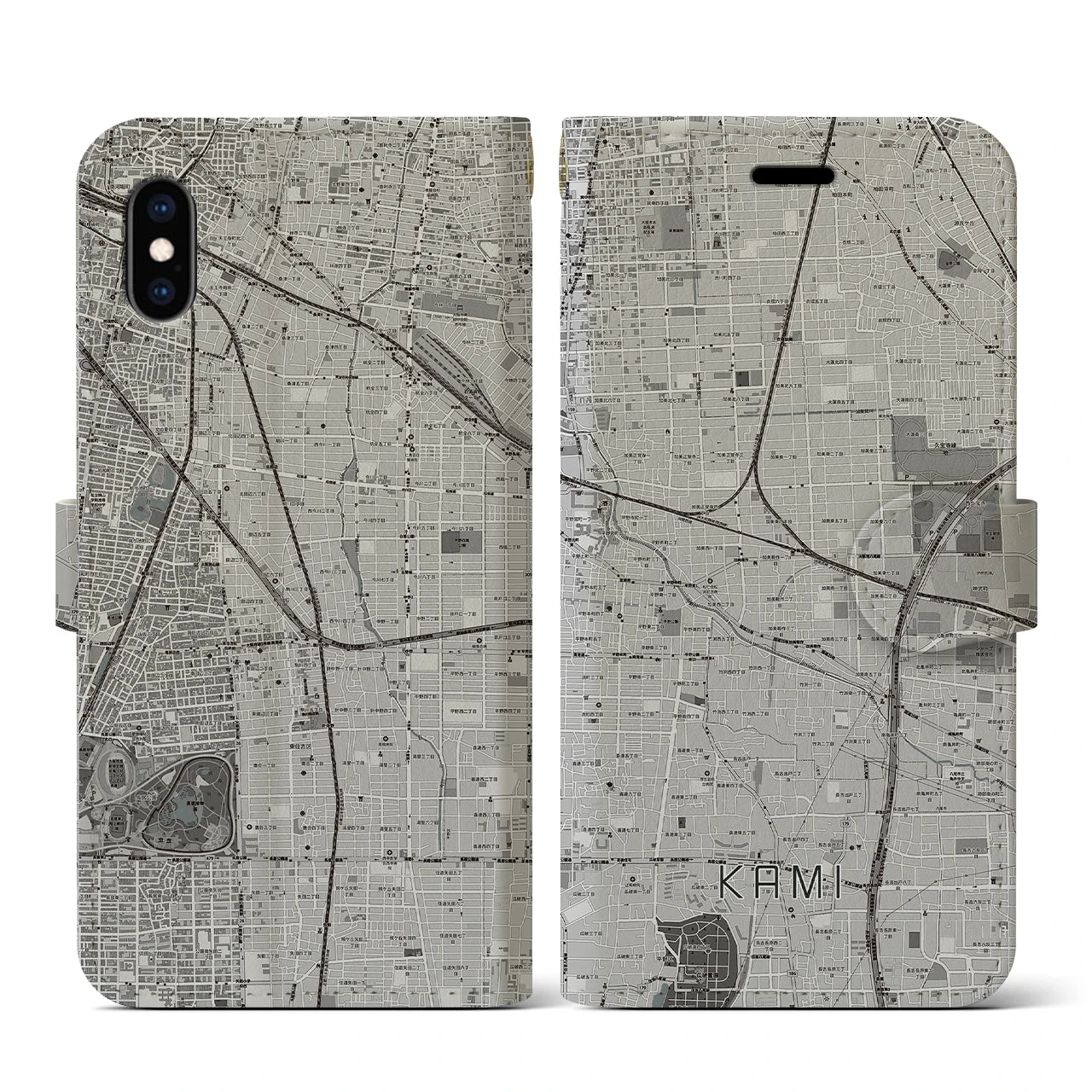 【加美(大阪府)】地図柄iPhoneケース(手帳タイプ)モノトーン・iPhone XS / X 用