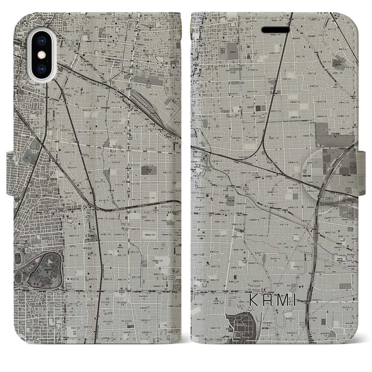 【加美(大阪府)】地図柄iPhoneケース(手帳タイプ)モノトーン・iPhone XS Max 用