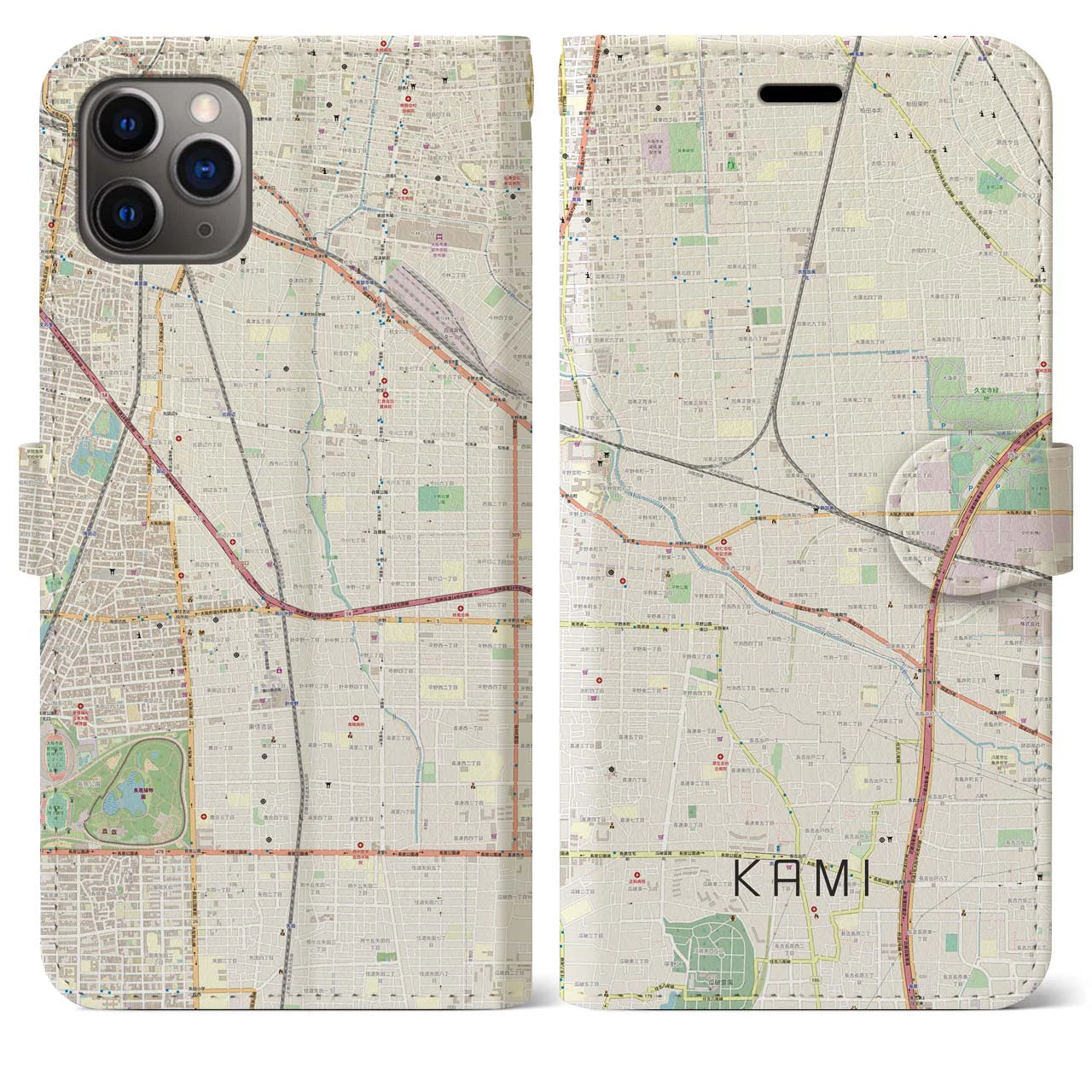 【加美(大阪府)】地図柄iPhoneケース(手帳タイプ)ナチュラル・iPhone 11 Pro Max 用