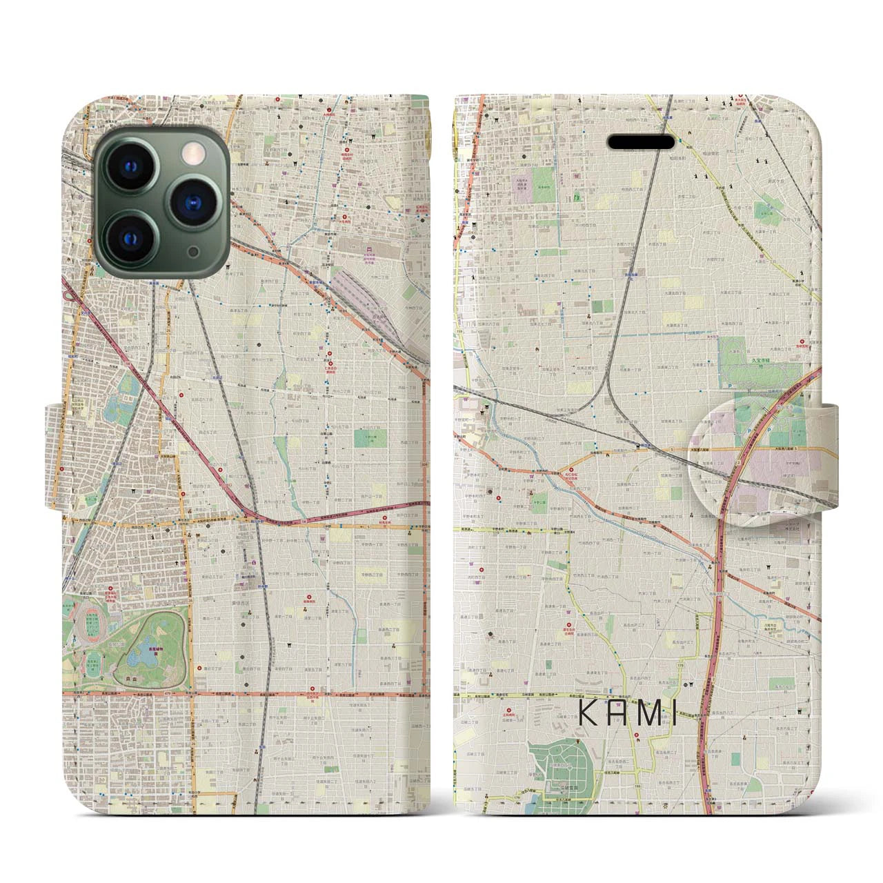 【加美(大阪府)】地図柄iPhoneケース(手帳タイプ)ナチュラル・iPhone 11 Pro 用