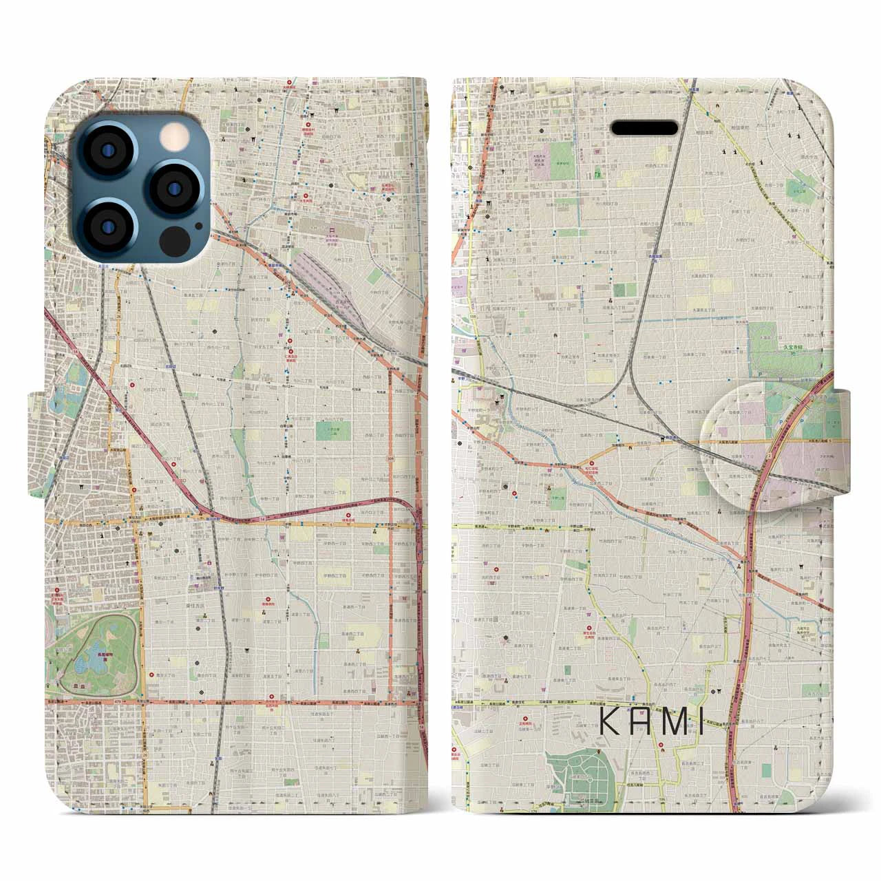 【加美(大阪府)】地図柄iPhoneケース(手帳タイプ)ナチュラル・iPhone 12 / 12 Pro 用