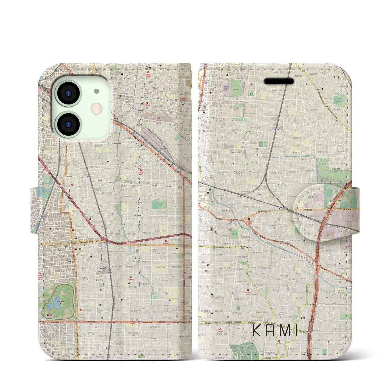 【加美(大阪府)】地図柄iPhoneケース(手帳タイプ)ナチュラル・iPhone 12 mini 用