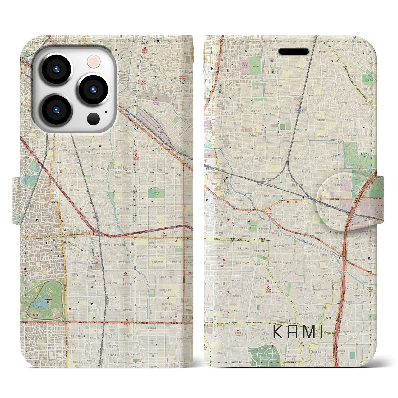 【加美(大阪府)】地図柄iPhoneケース(手帳タイプ)ナチュラル・iPhone 13 Pro 用