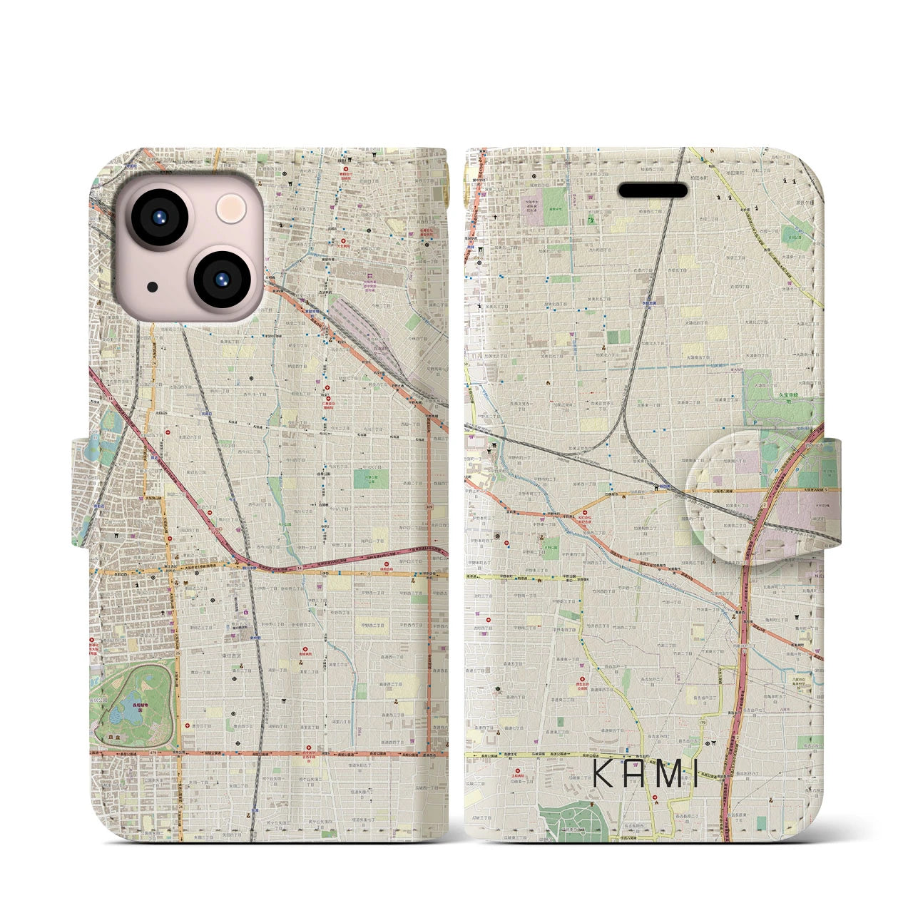 【加美(大阪府)】地図柄iPhoneケース(手帳タイプ)ナチュラル・iPhone 13 mini 用
