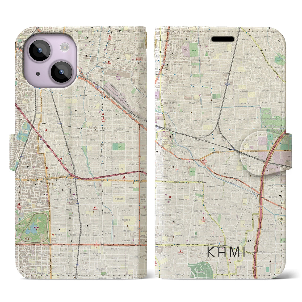 【加美(大阪府)】地図柄iPhoneケース(手帳タイプ)ナチュラル・iPhone 14 用