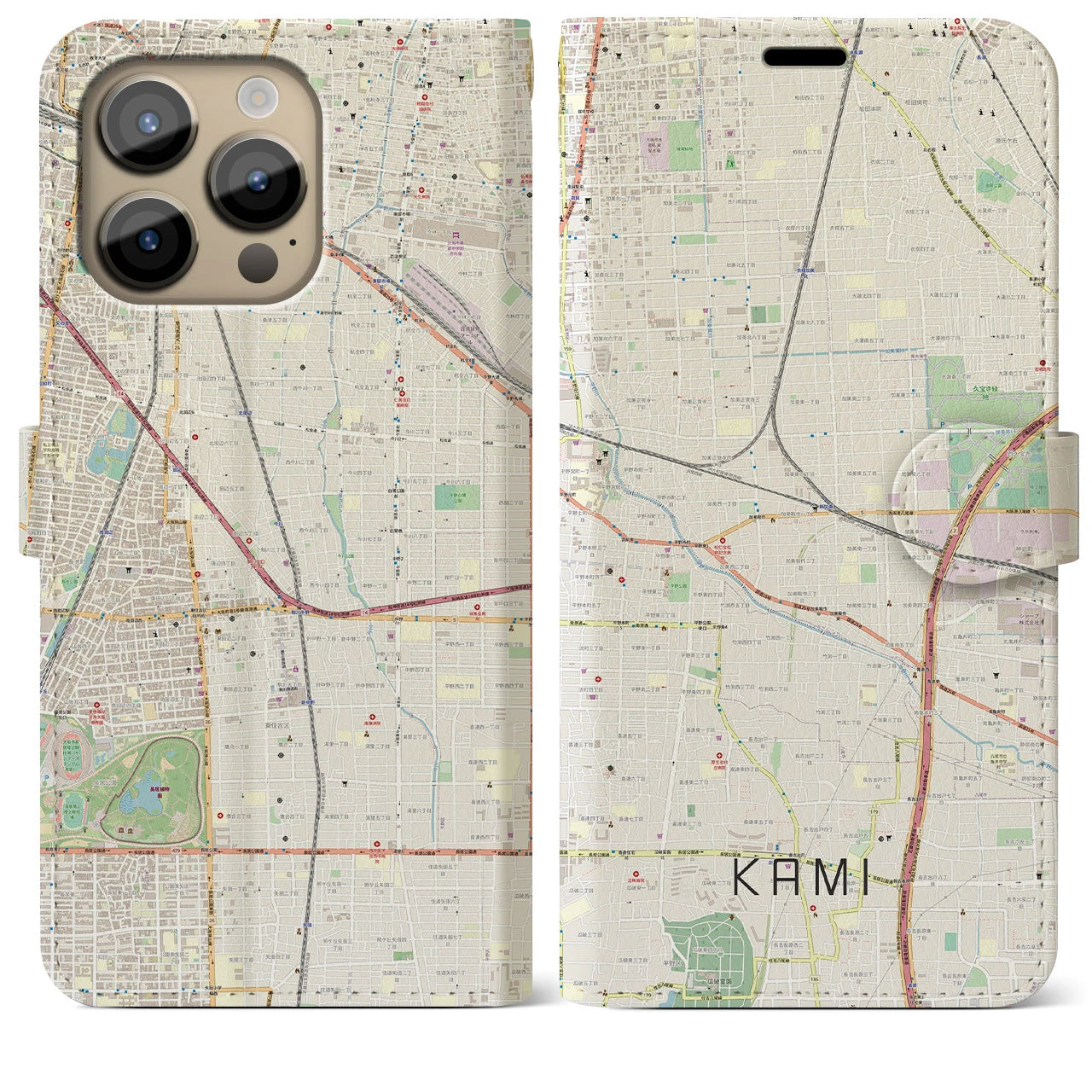 【加美(大阪府)】地図柄iPhoneケース(手帳タイプ)ナチュラル・iPhone 14 Pro Max 用