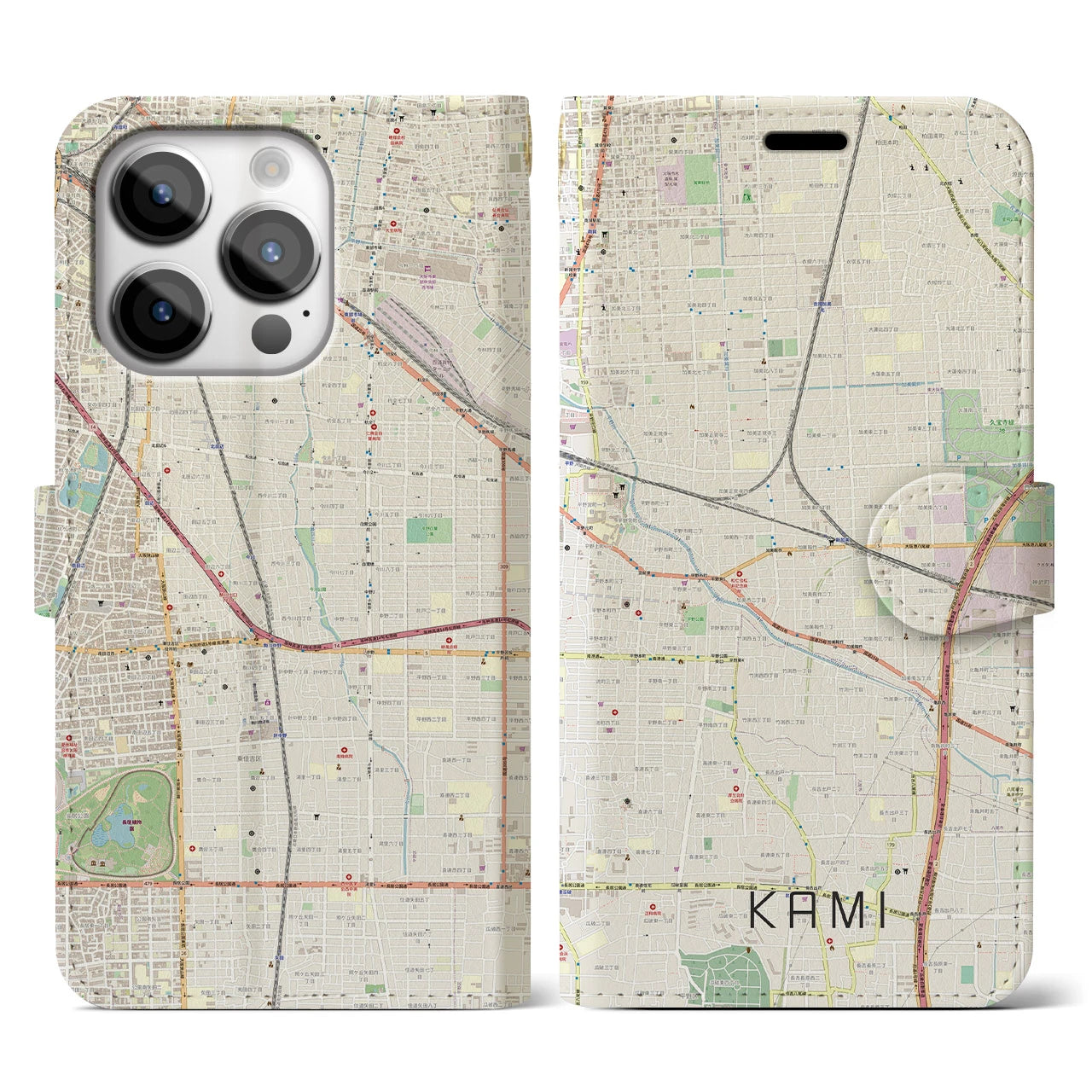【加美(大阪府)】地図柄iPhoneケース(手帳タイプ)ナチュラル・iPhone 14 Pro 用