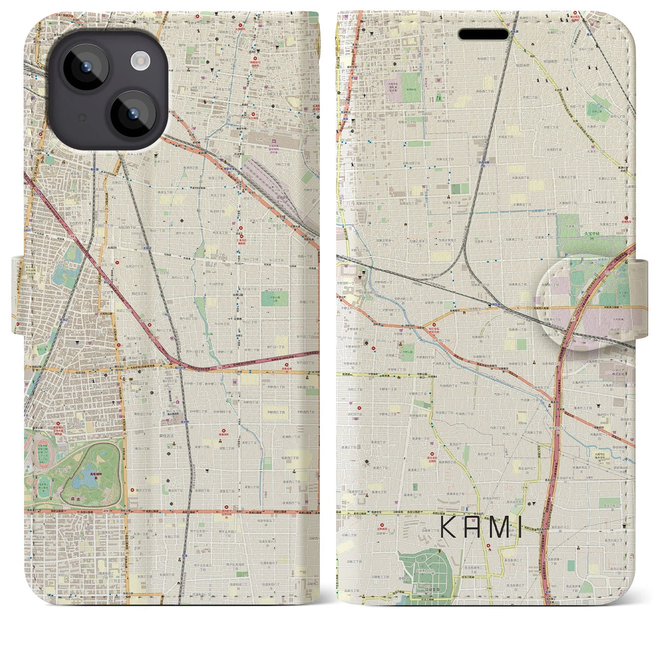 【加美(大阪府)】地図柄iPhoneケース(手帳タイプ)ナチュラル・iPhone 14 Plus 用