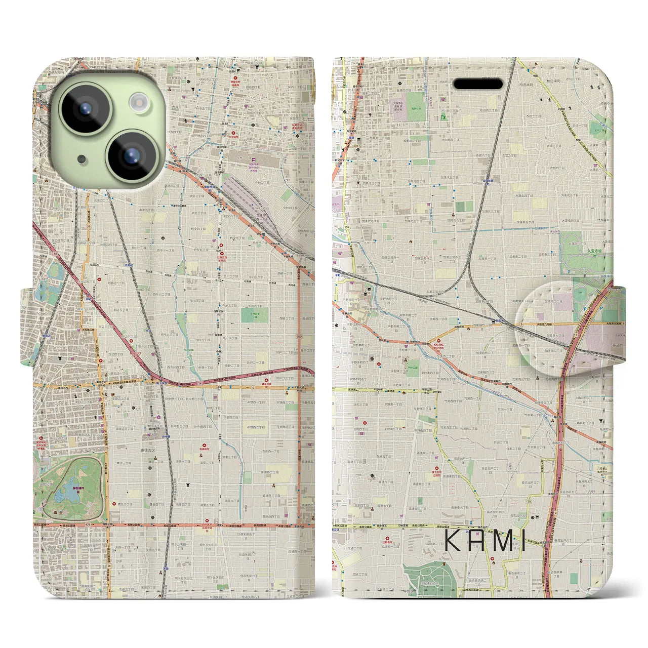 【加美(大阪府)】地図柄iPhoneケース(手帳タイプ)ナチュラル・iPhone 15 用