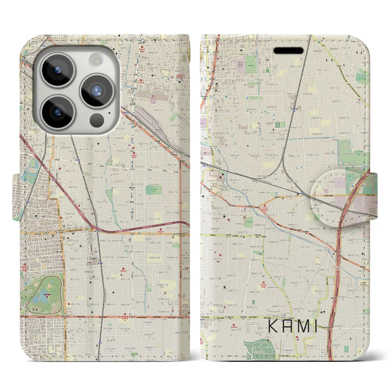 【加美(大阪府)】地図柄iPhoneケース(手帳タイプ)ナチュラル・iPhone 15 Pro 用