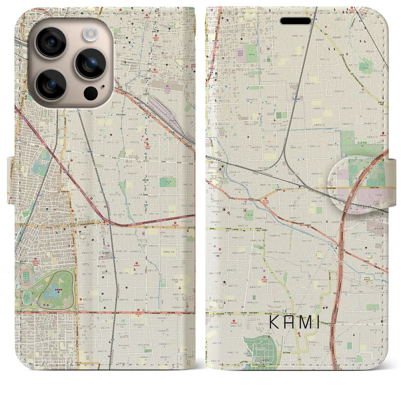 【加美(大阪府)】地図柄iPhoneケース(手帳タイプ)ナチュラル・iPhone 16 Plus 用