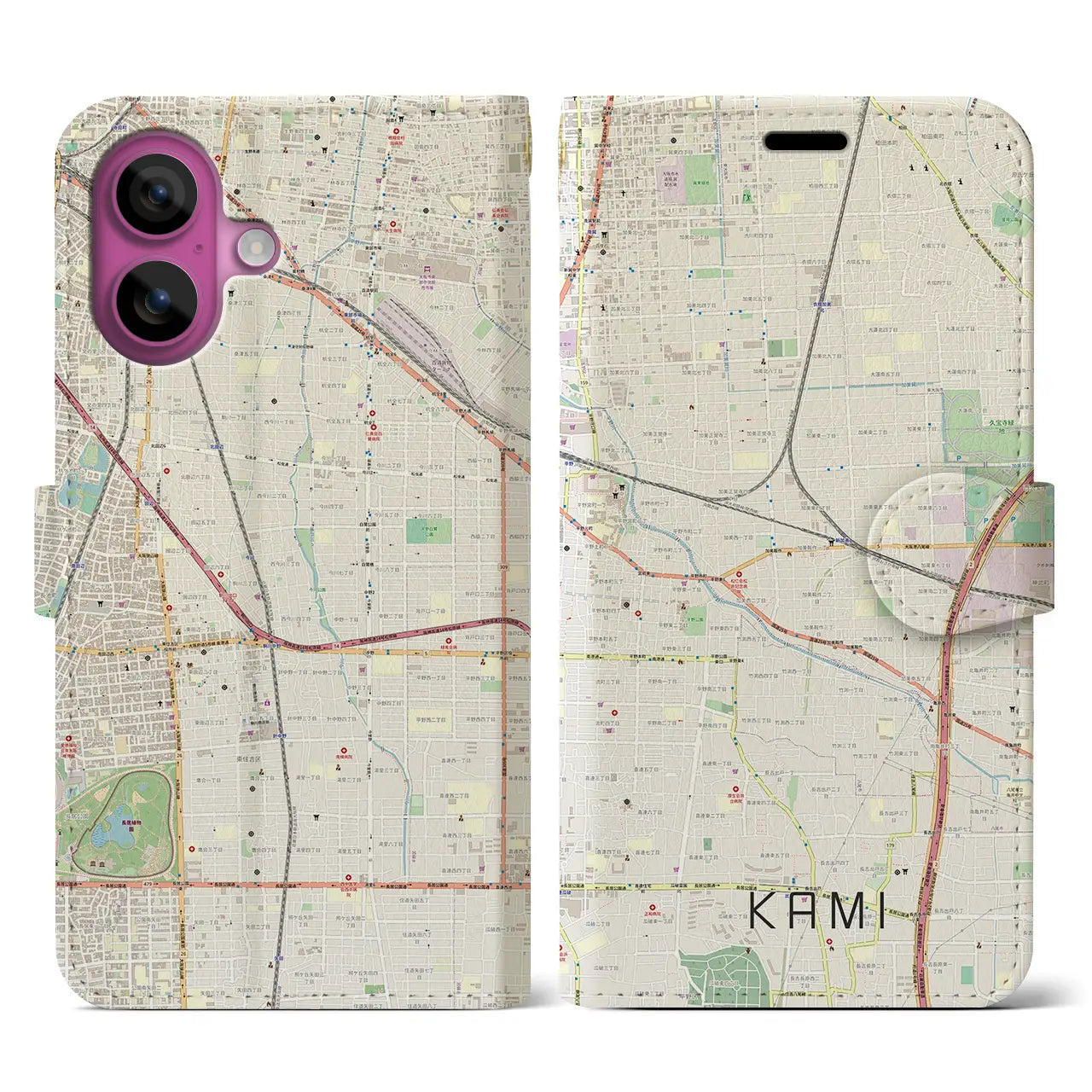 【加美(大阪府)】地図柄iPhoneケース(手帳タイプ)ナチュラル・iPhone 16 Pro 用