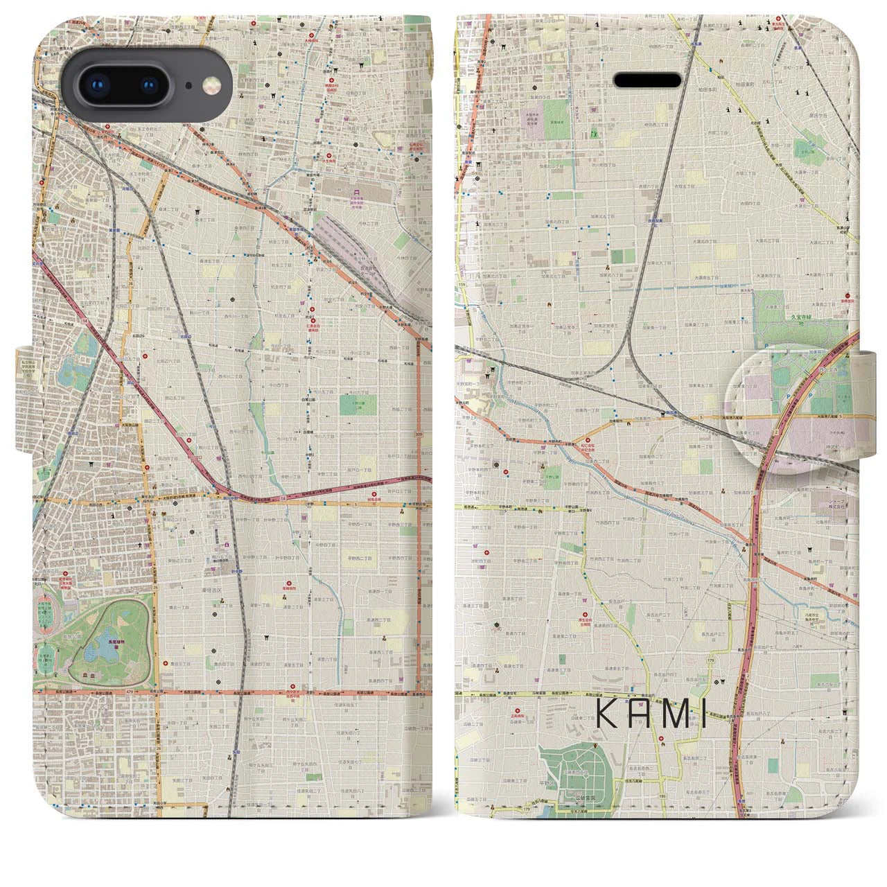 【加美(大阪府)】地図柄iPhoneケース(手帳タイプ)ナチュラル・iPhone 8Plus /7Plus / 6sPlus / 6Plus 用