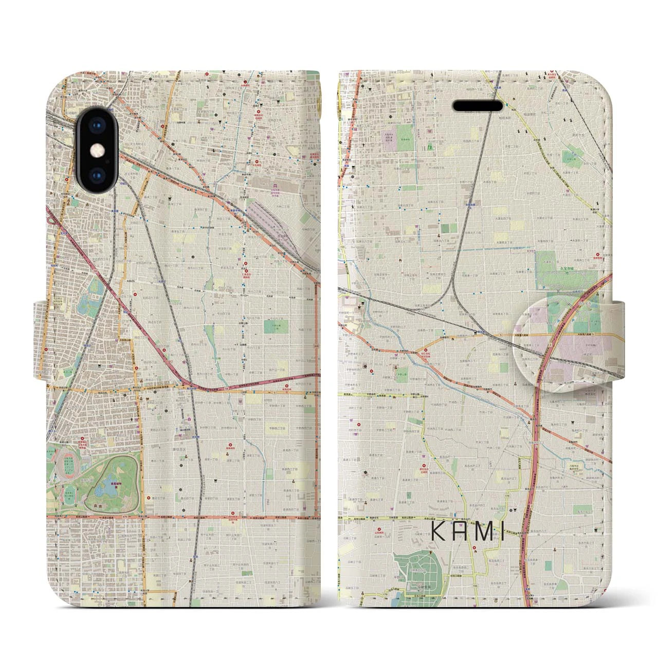 【加美(大阪府)】地図柄iPhoneケース(手帳タイプ)ナチュラル・iPhone XS / X 用