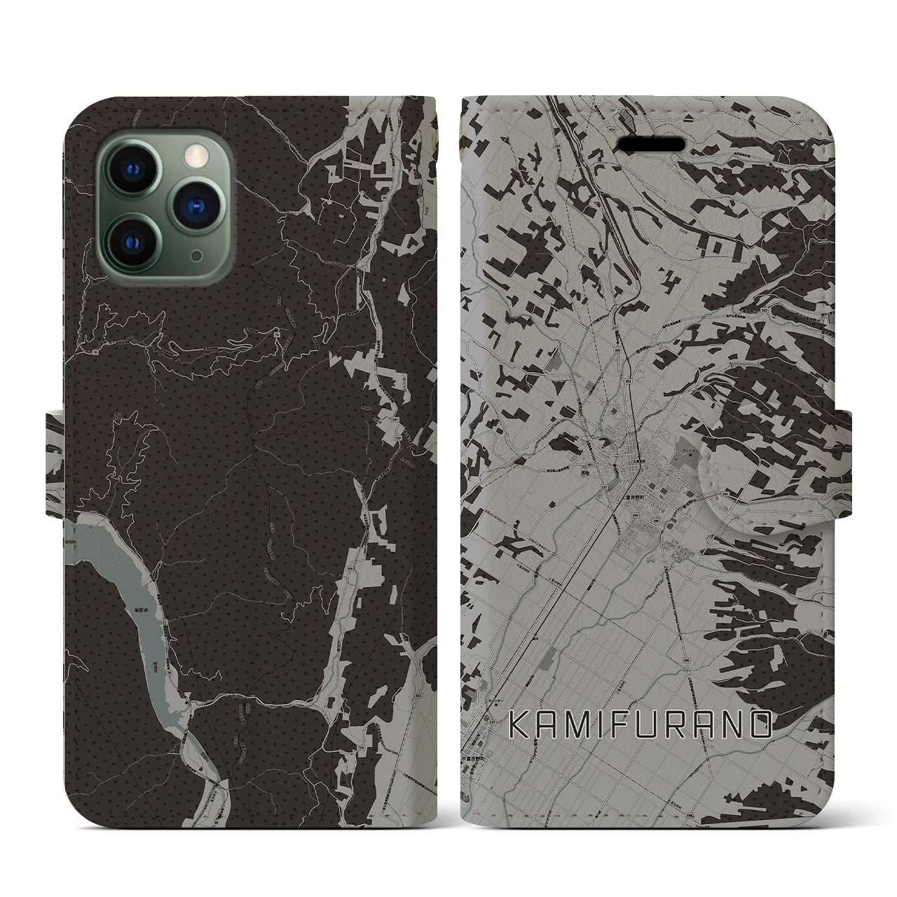 【上富良野(北海道)】地図柄iPhoneケース(手帳タイプ)モノトーン・iPhone 11 Pro 用
