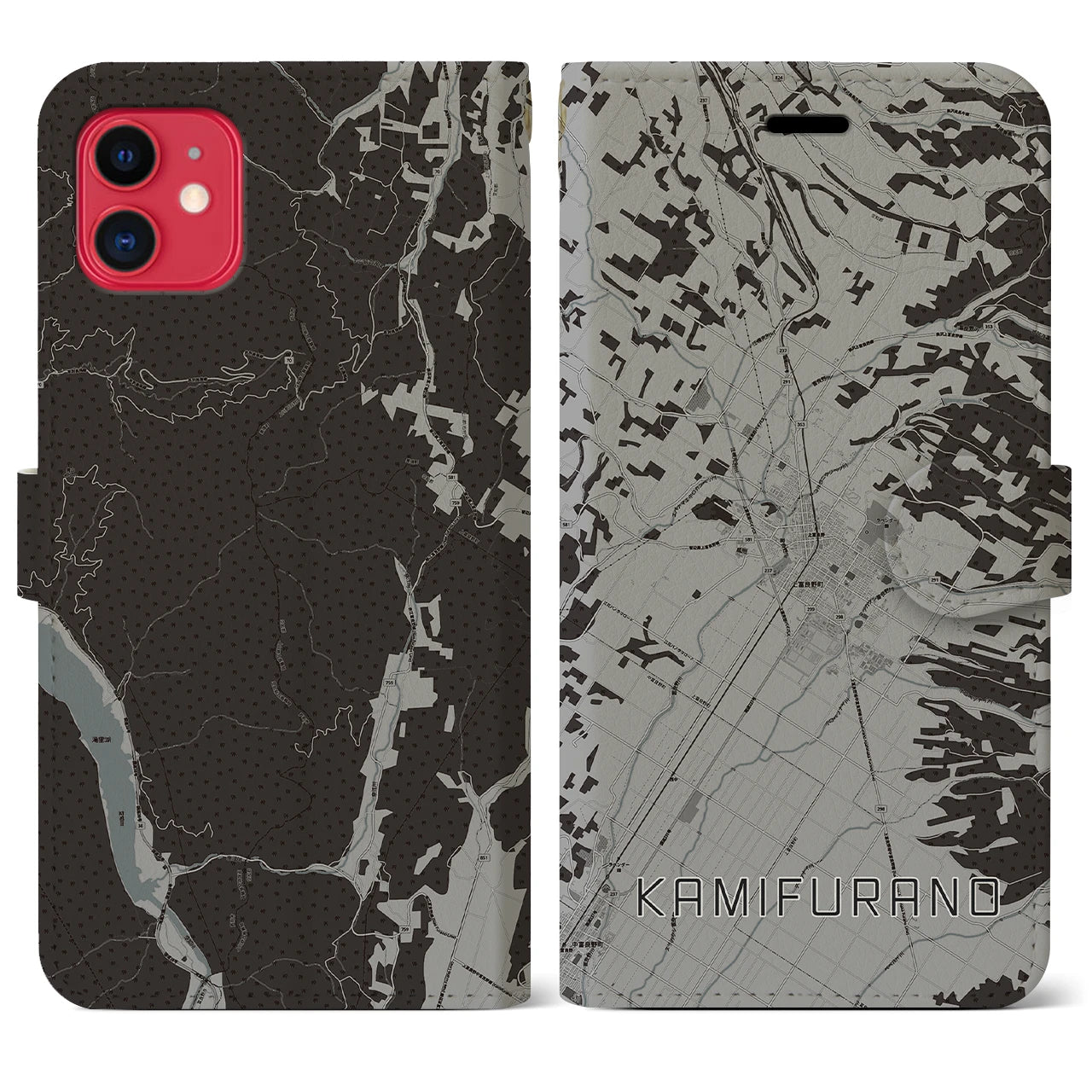 【上富良野(北海道)】地図柄iPhoneケース(手帳タイプ)モノトーン・iPhone 11 用