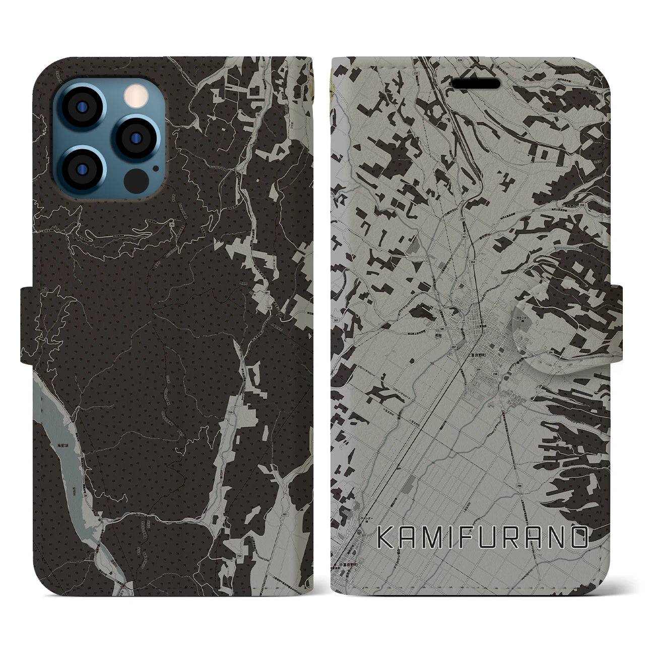 【上富良野(北海道)】地図柄iPhoneケース(手帳タイプ)モノトーン・iPhone 12 / 12 Pro 用