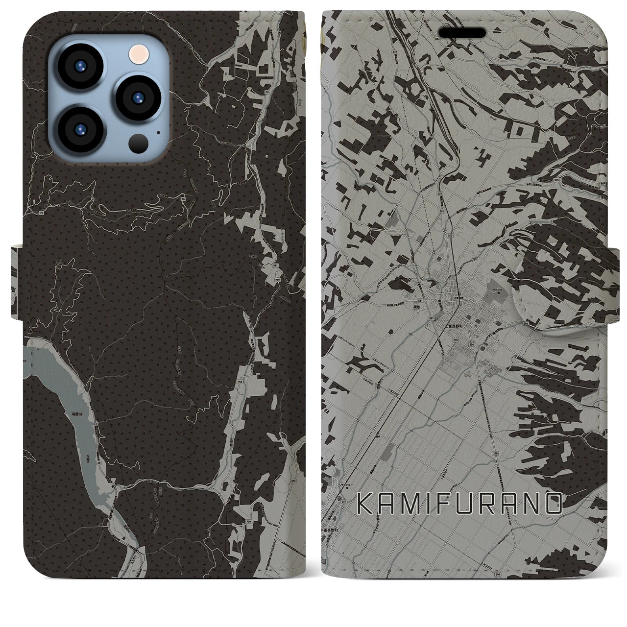 【上富良野(北海道)】地図柄iPhoneケース(手帳タイプ)モノトーン・iPhone 13 Pro Max 用