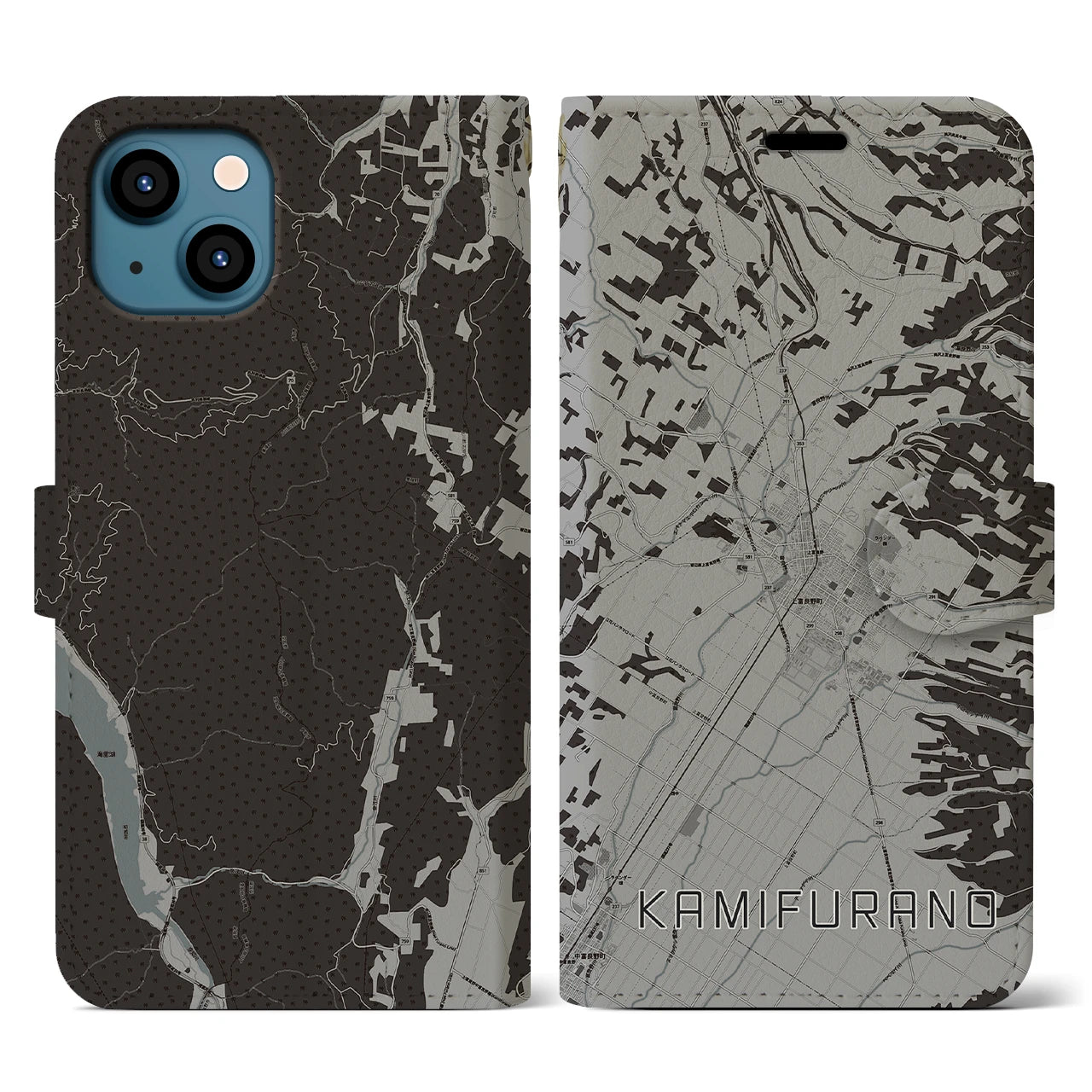 【上富良野(北海道)】地図柄iPhoneケース(手帳タイプ)モノトーン・iPhone 13 用
