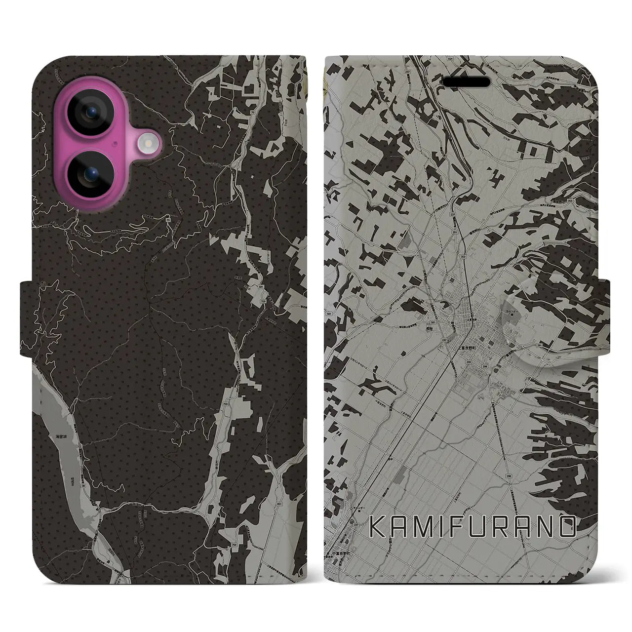【上富良野(北海道)】地図柄iPhoneケース(手帳タイプ)モノトーン・iPhone 16 Pro 用