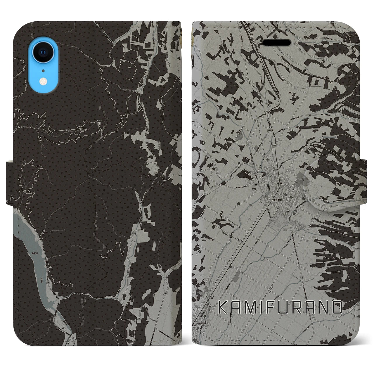 【上富良野(北海道)】地図柄iPhoneケース(手帳タイプ)モノトーン・iPhone XR 用